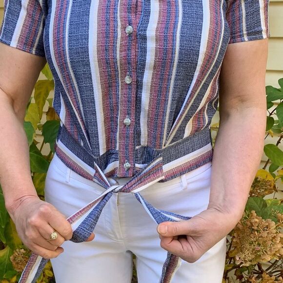 Drew linen, maroon/blue/white striped blouse, new, short sleeves, waist ties, S - Picture 6 of 8